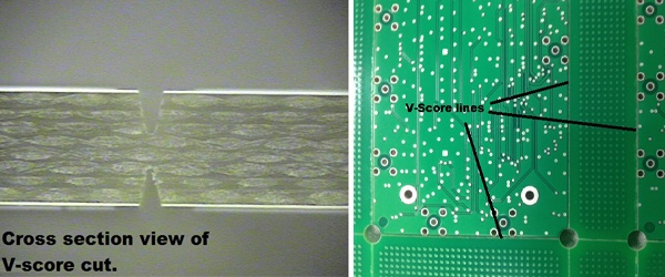 Cross Sectional View of a V-Score Cut and Broad PCB View.