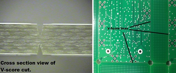 Cross Sectional View of a V-Score Cut and Broad PCB View.
