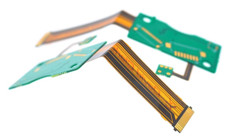 An example of a bend in a rigid-flex PCB where it is starting to deform and permanently crease