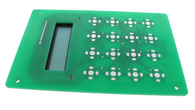 Dome switch pads on a PCB.