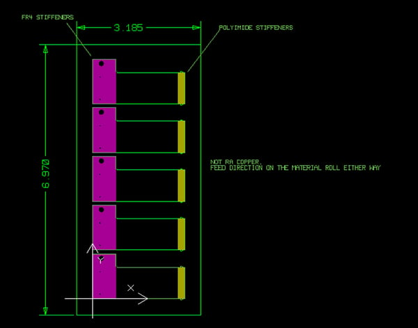 Example of flexible circuit boards in an array with stiffeners using standard copper