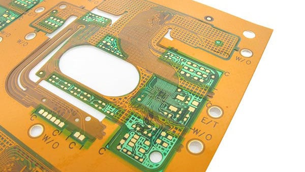 Flexible circuit board example with coverlay and soldermask