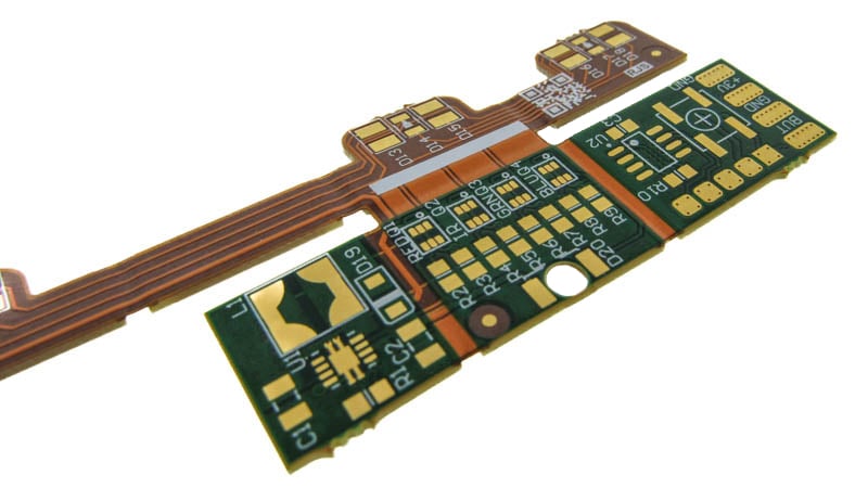 Front side view of rigid-flex PCB with stiffeners