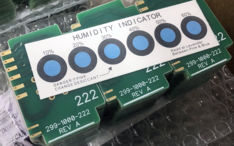 Example of printed circuit boards packaged with humidity indicator.