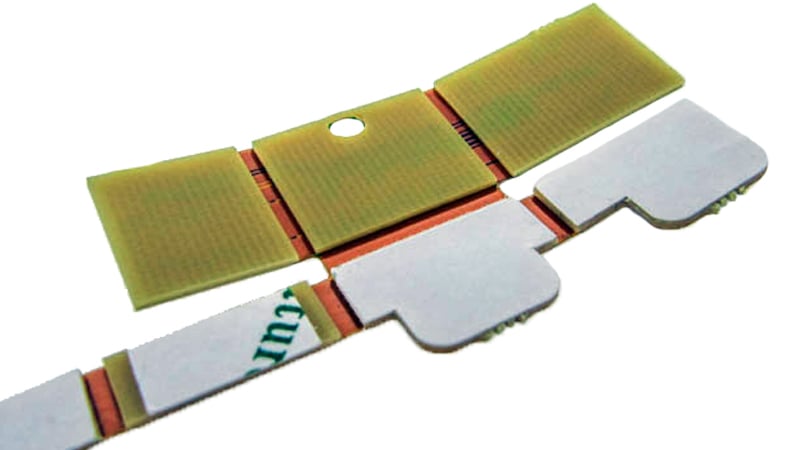Back side view of rigid-flex PCB with stiffeners and adhesives