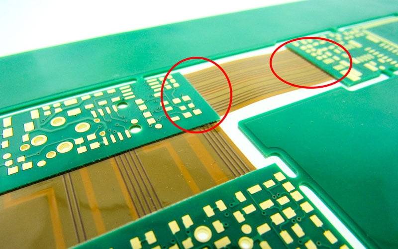 Example of a rigid-flex circuit board, rigid to flex transition areas.