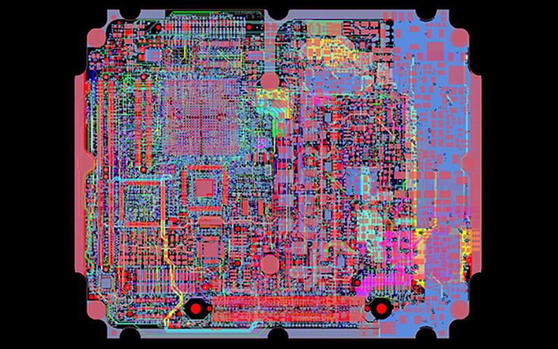 A multi-layer circuit board showing signal layers