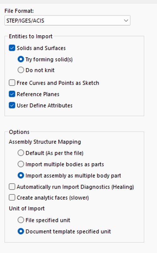 SolidWorks import settings
