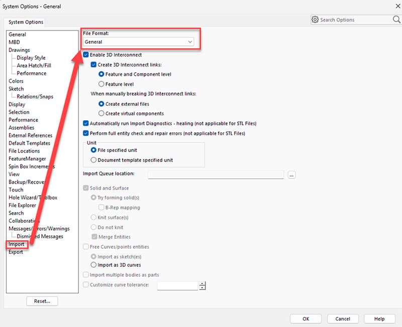 SolidWorks system options