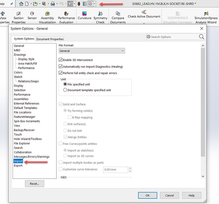 Example of STEP file format capabilities in SolidWorks.