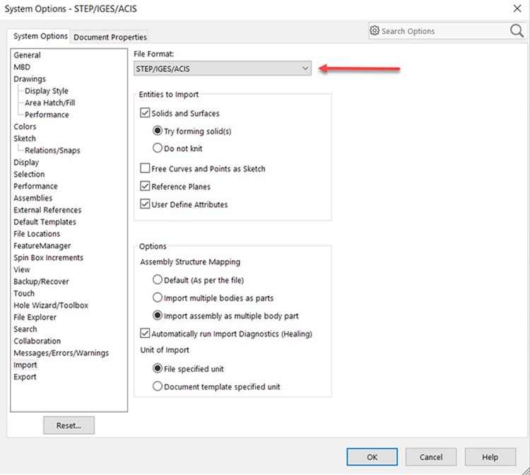 Example of STEP file format options in SolidWorks.