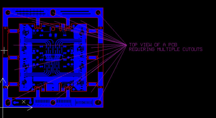 Example of top view of a PCB requiring multiple cutouts