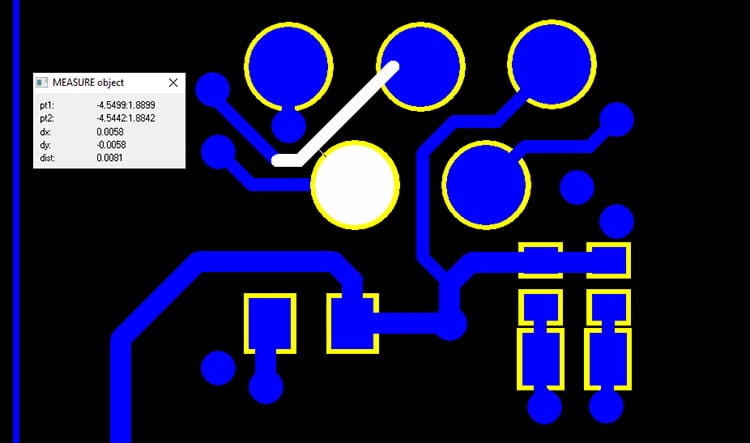 Example of trace to adjacent pad spacing.