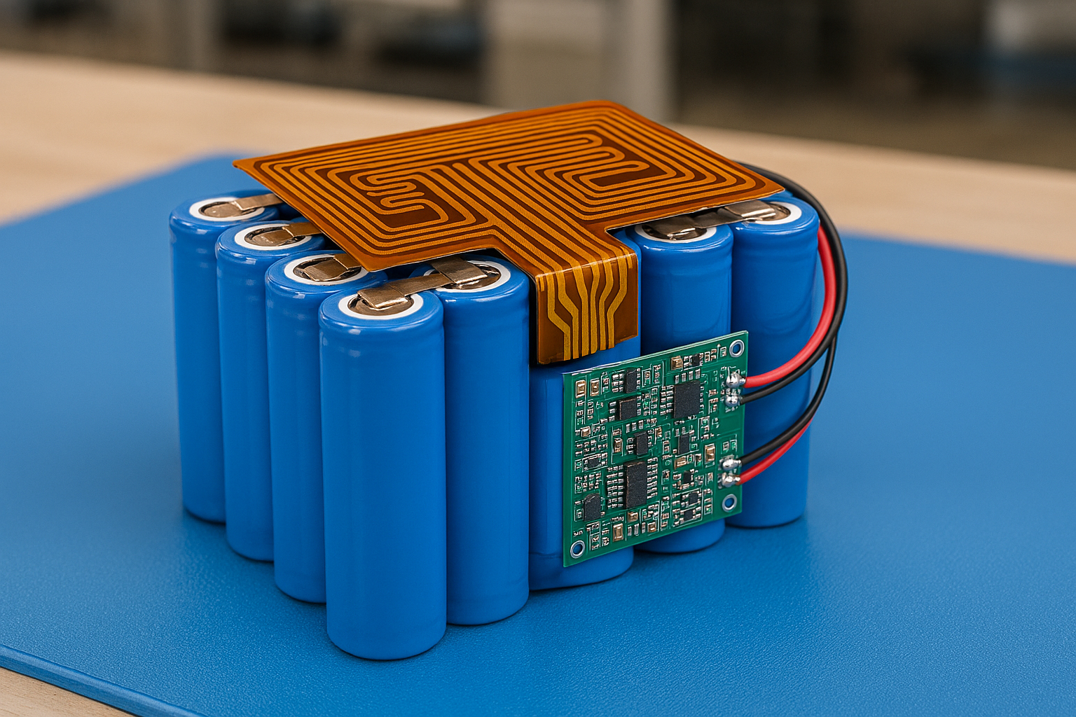 AI-generated image of a battery pack with a polyimide flexible heater to help maintain temperature