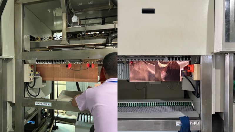 PCB production panels are fed into the line (left) on a vertical copper plate machine before coming off the line (right)